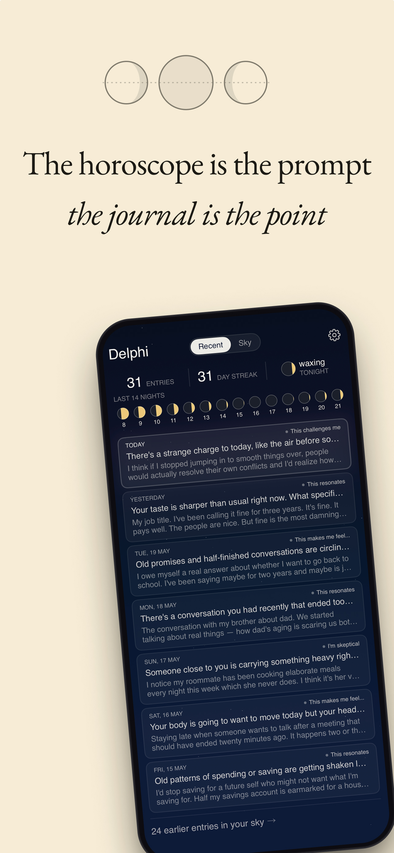Delphi journal view showing entries, streaks, and moon phases